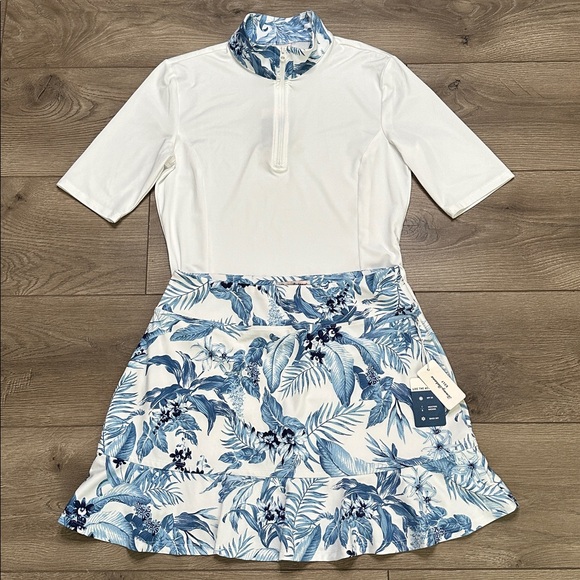Tommy Bahama Golf 1/4 Zip Polo And Skirt Skort Set Size Small Floral White Blue